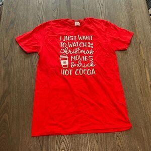 NWOT Christmas Movies Hot Cocoa Graphic Funny Holiday Short Sleeve T-Shirt Sz M